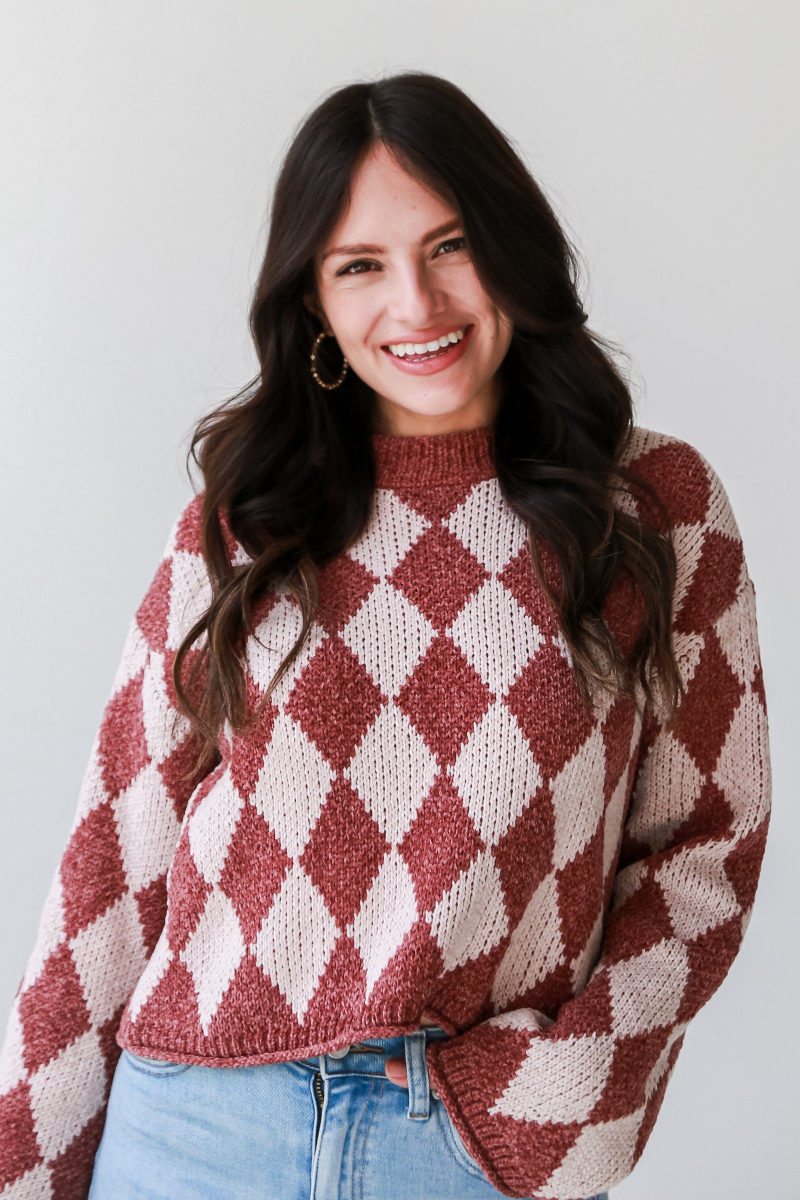 Stylish Outlook Brown Argyle Chenille Sweater