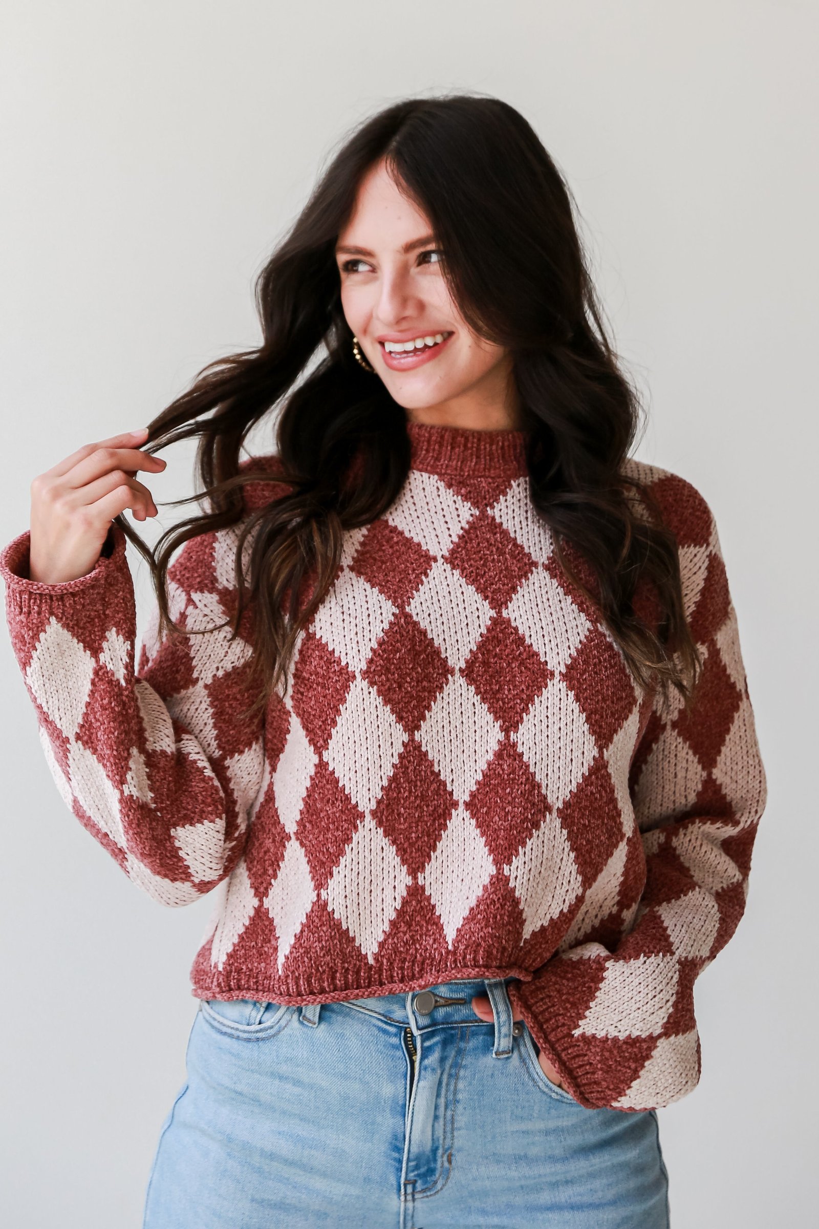 Stylish Outlook Brown Argyle Chenille Sweater