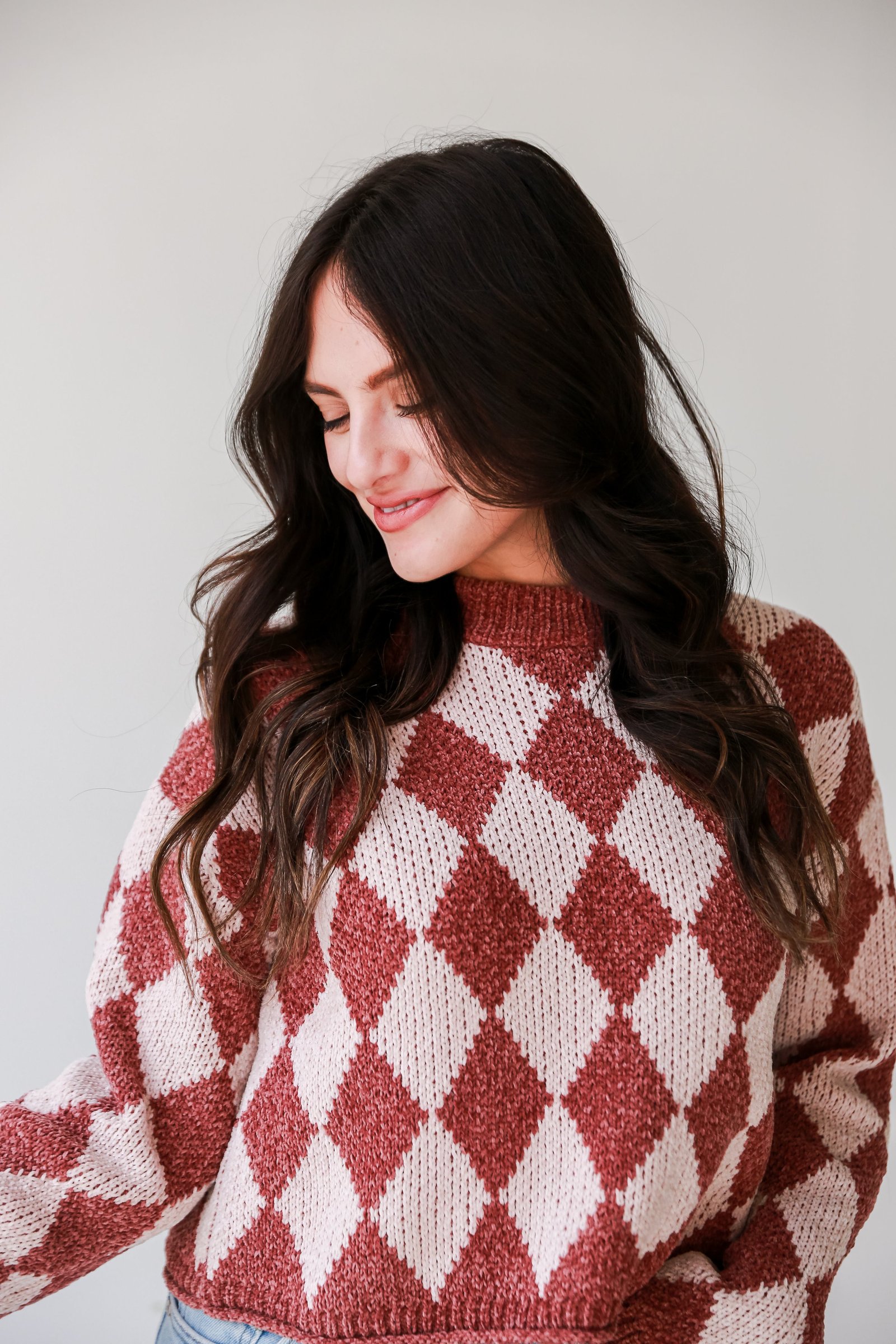 Stylish Outlook Brown Argyle Chenille Sweater