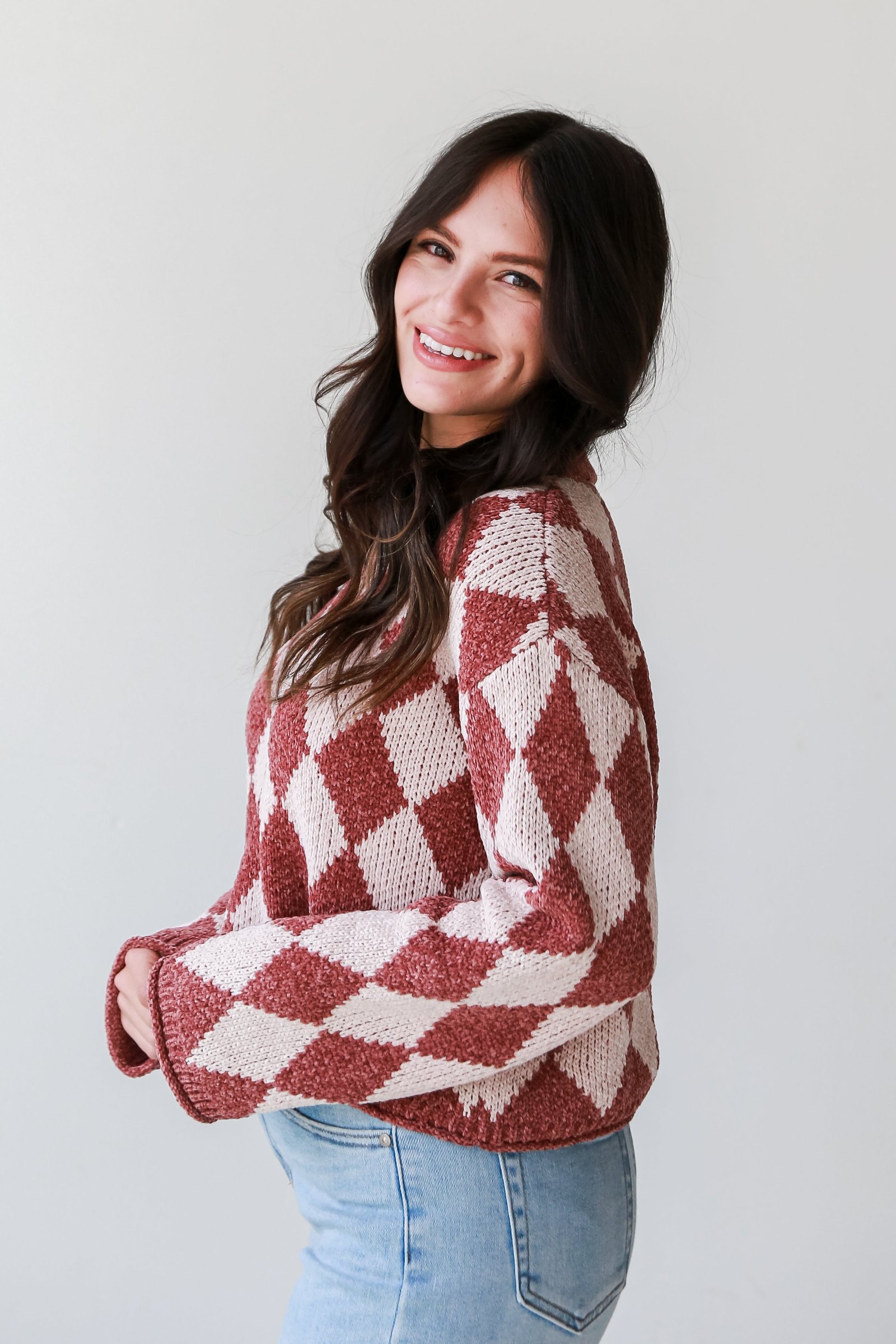 Stylish Outlook Brown Argyle Chenille Sweater