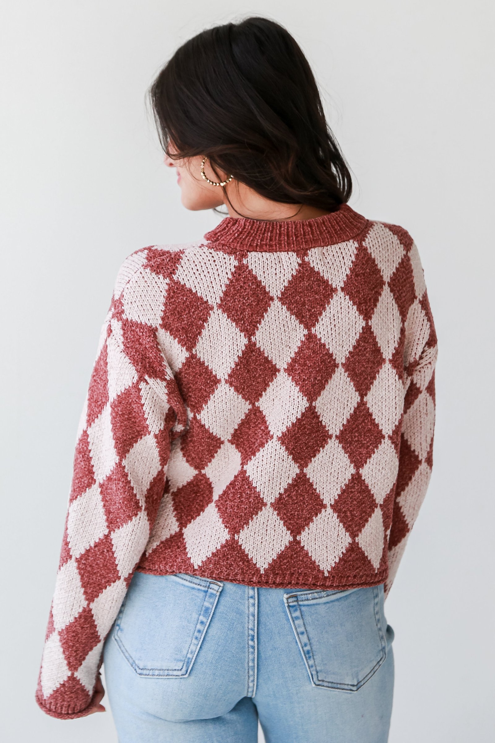 Stylish Outlook Brown Argyle Chenille Sweater