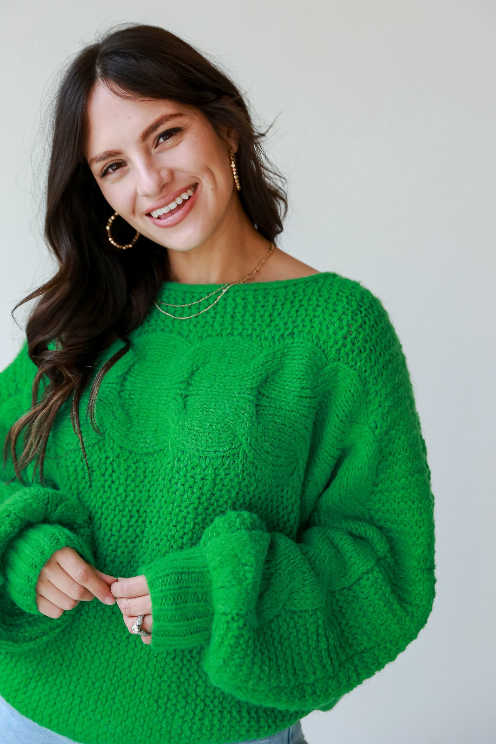 Luxe Outing Kelly Green Cable Knit Oversized Sweater