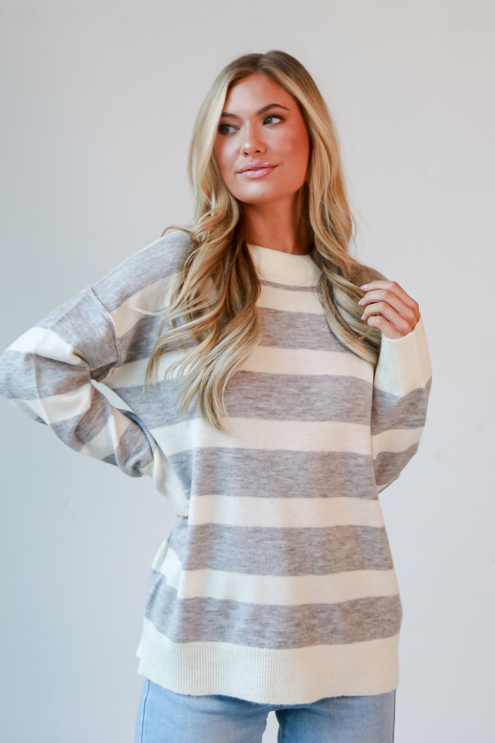 Hannah Heather Grey Striped Sweater - DOORBUSTER