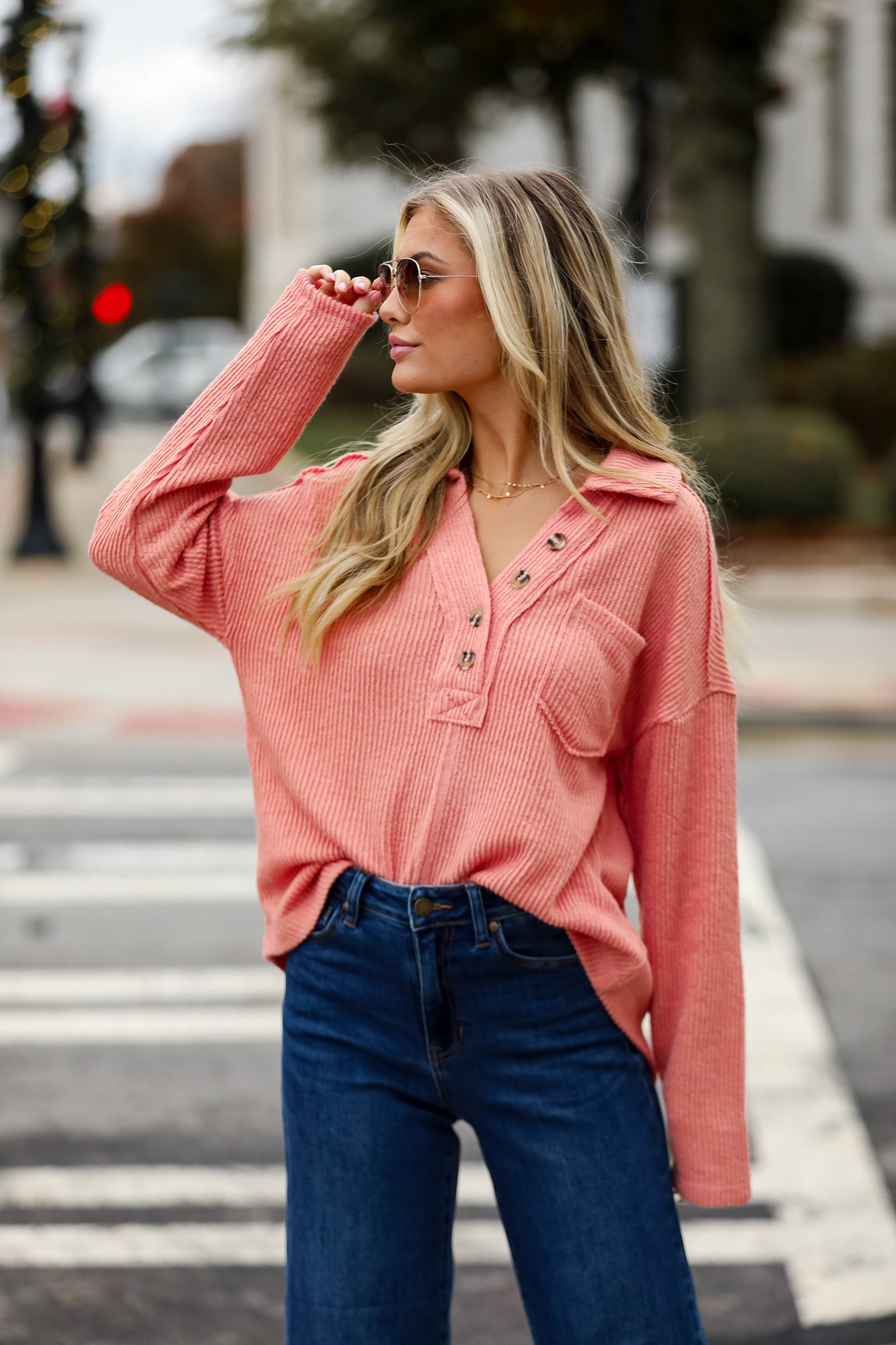 cute blush Collared Henley Knit Top