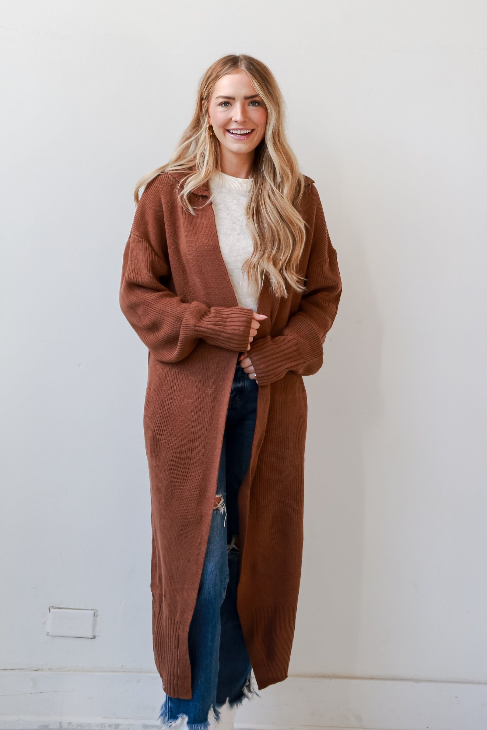 Chilly Day Charm Mocha Longline Sweater Cardigan