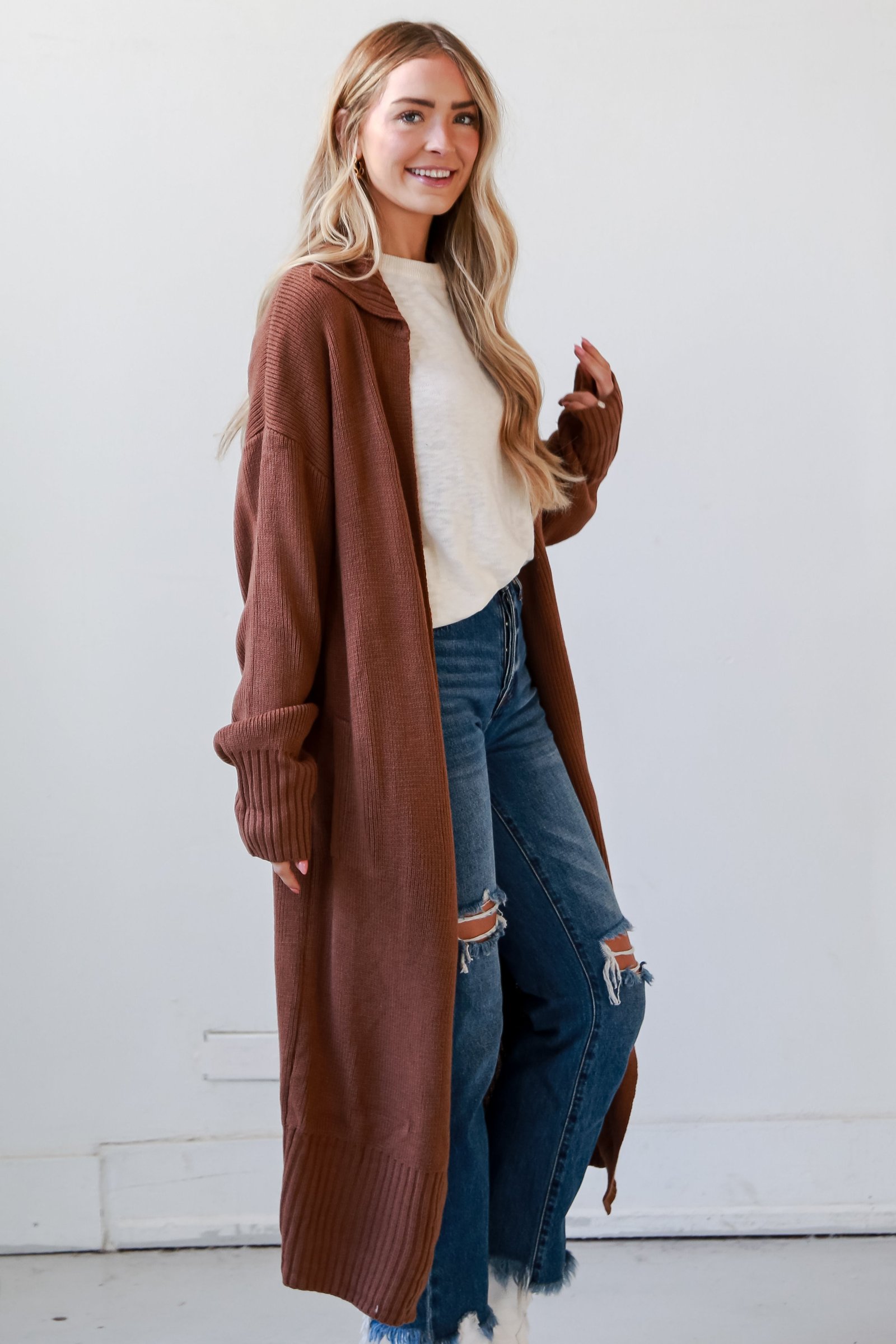 Chilly Day Charm Mocha Longline Sweater Cardigan